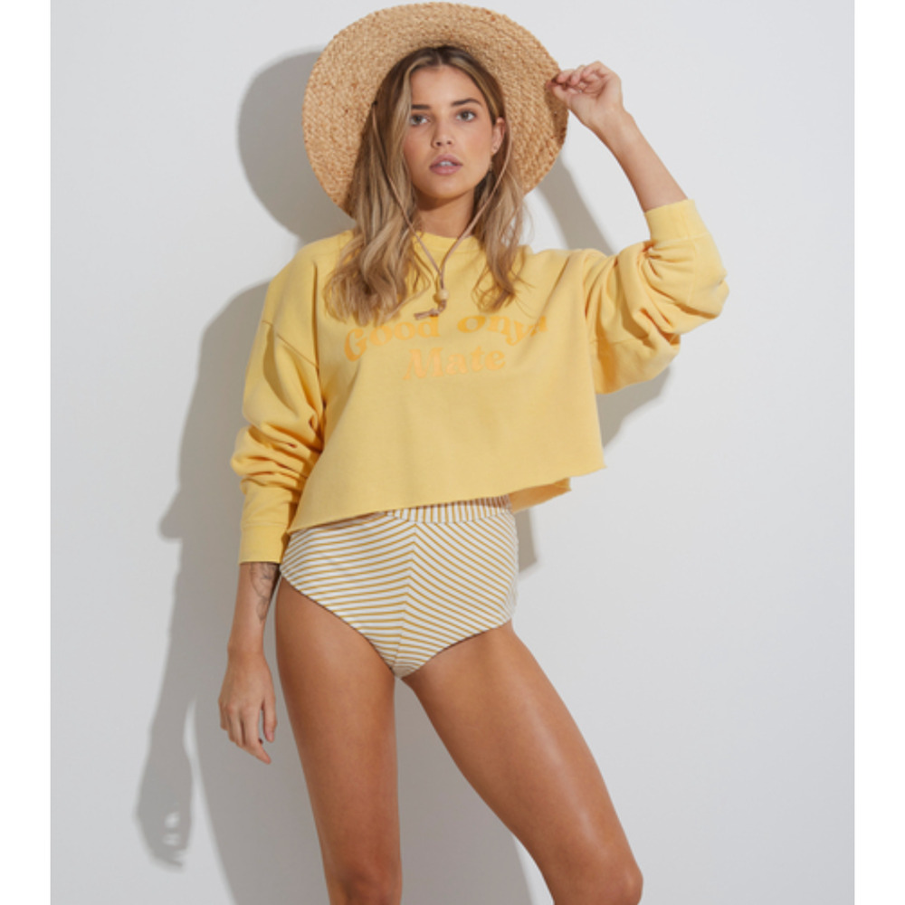Billabong Sweatshirt Women's Small Hey Gday Cropped Crewneck "Good Onya Mate"